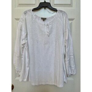 STYLE & CO. WOMENSPLUS SIZE 3X WHITE EYE TRIM TIE-NECK PESANT TOP EMBROIDERED